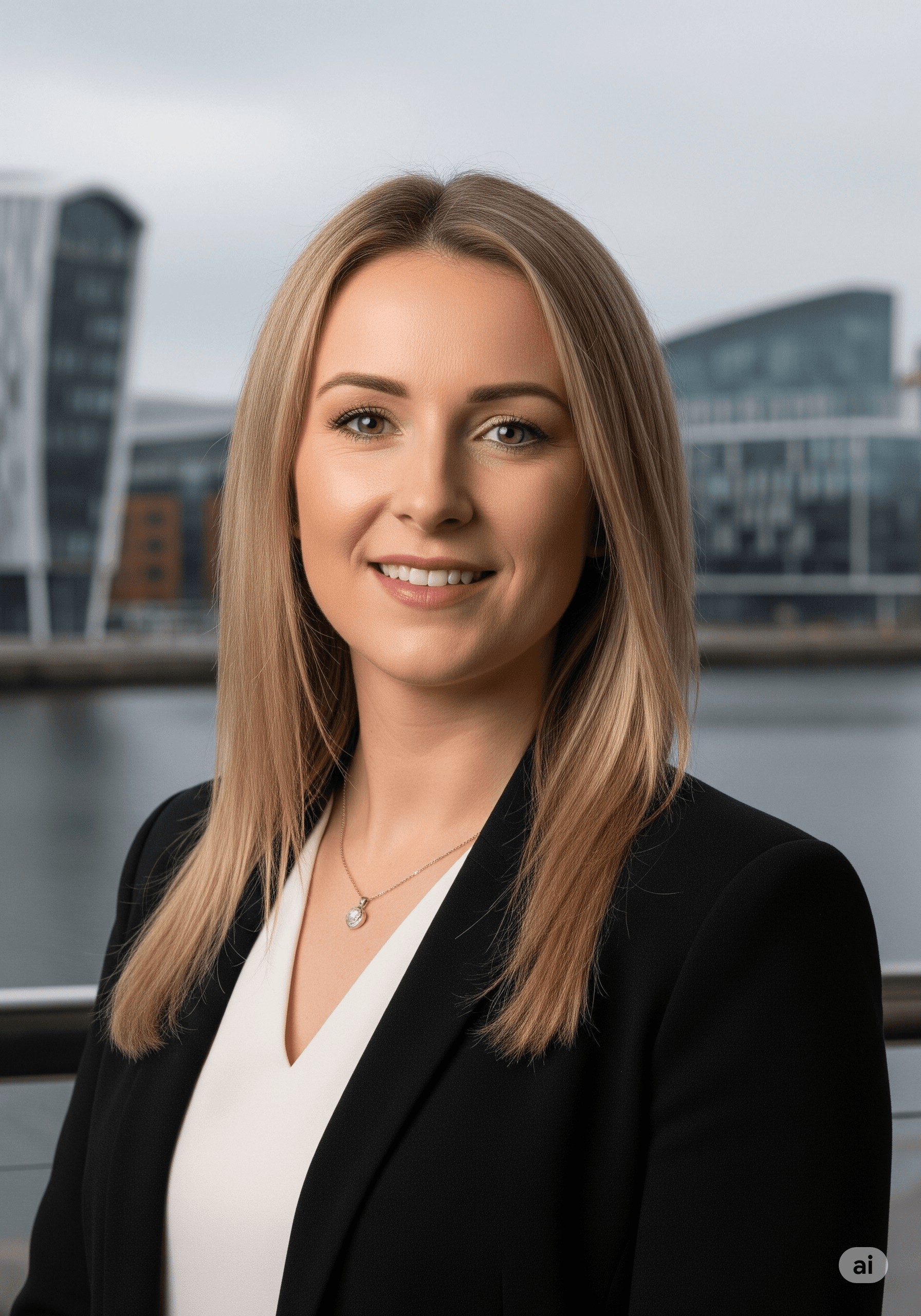 A professional AI headshot of a business woman in Belfast, with the Titanic Quarter subtly visible in the background.
