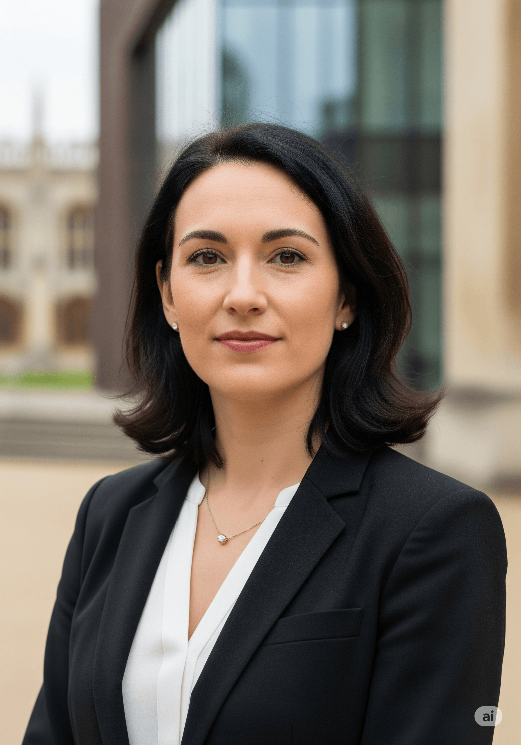 An example of a professional AI headshot for a professional in Cambridge, UK, with university architecture in the background.