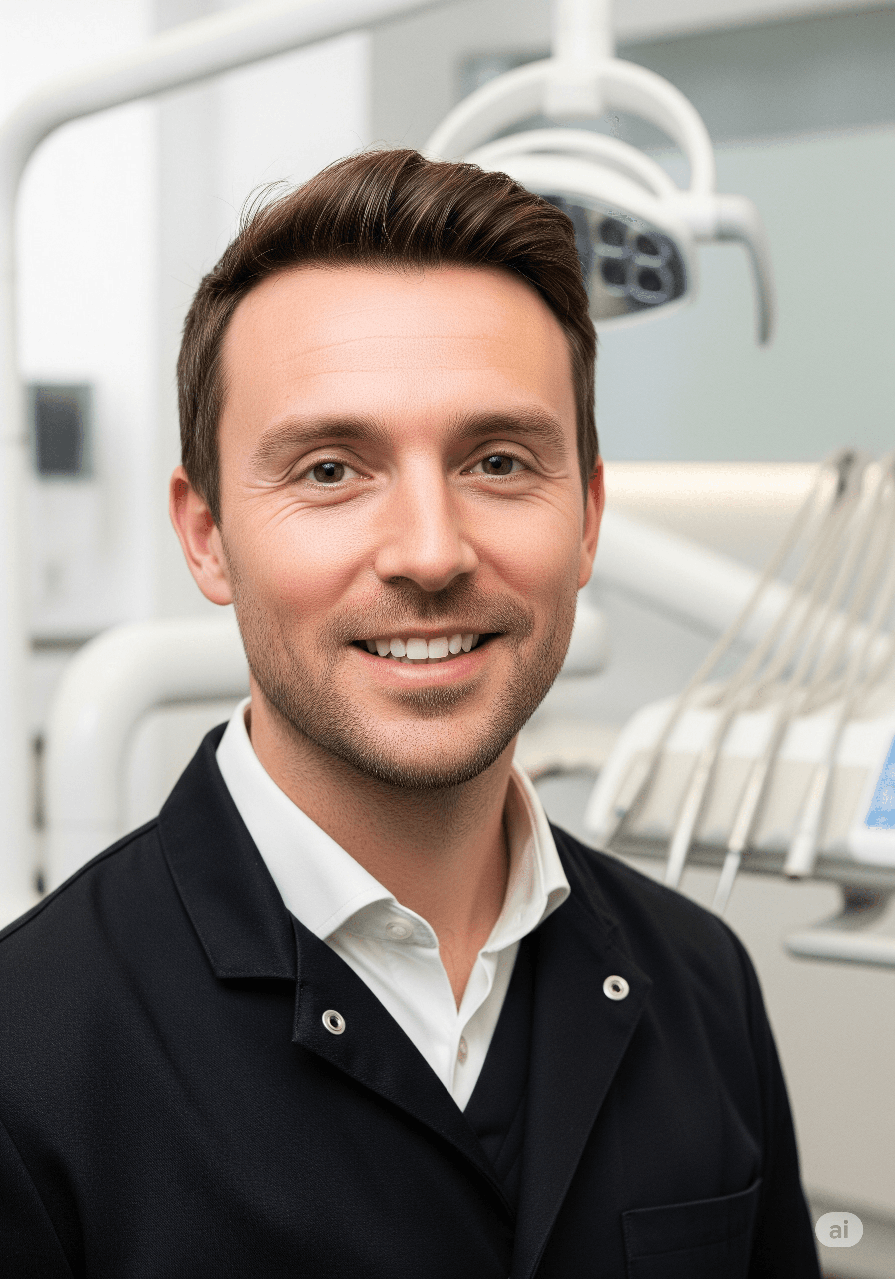 An example of a professional and trustworthy AI headshot for a UK-based Dentist.