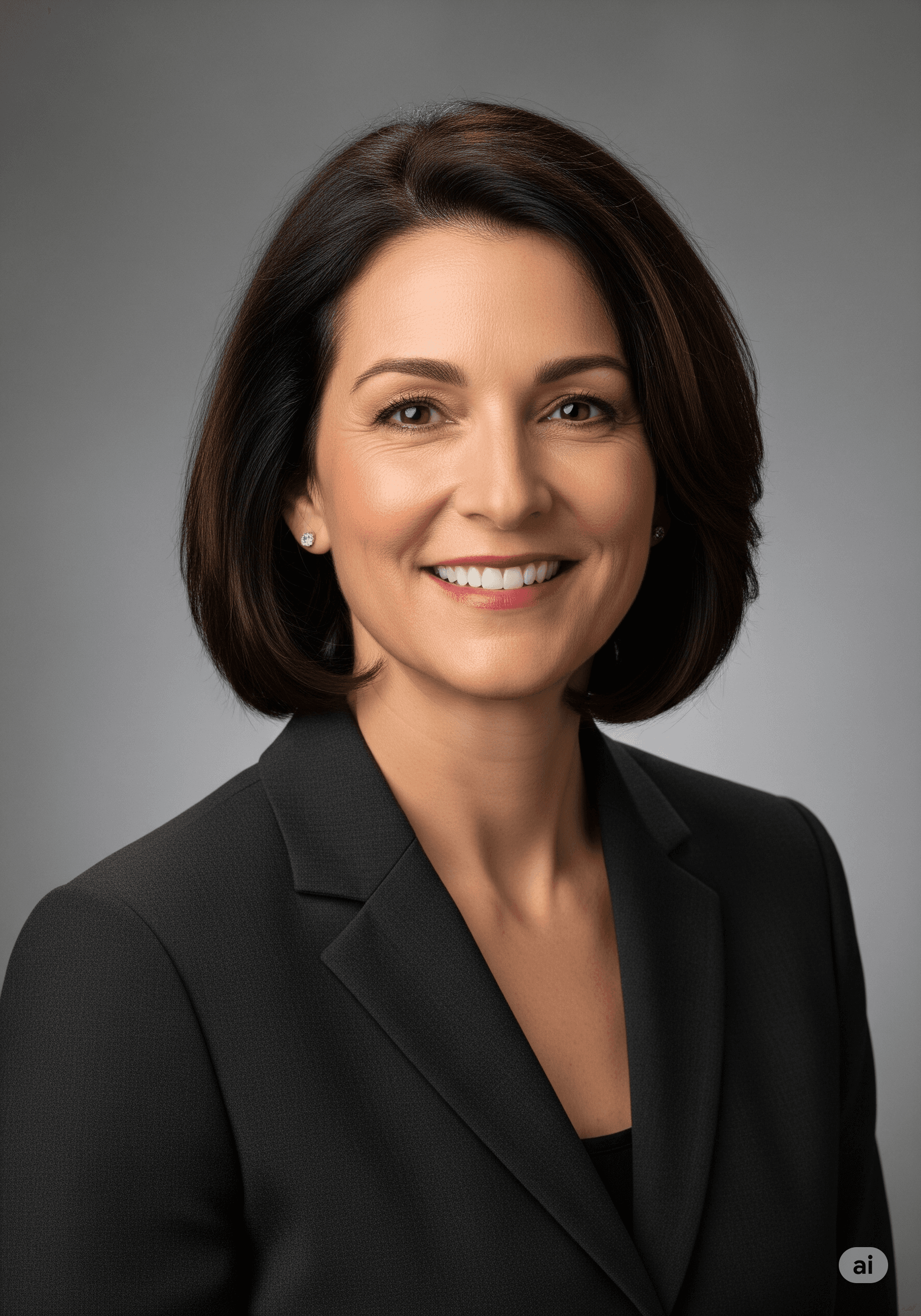 A professional headshot showcasing a classic, neutral grey studio background.
