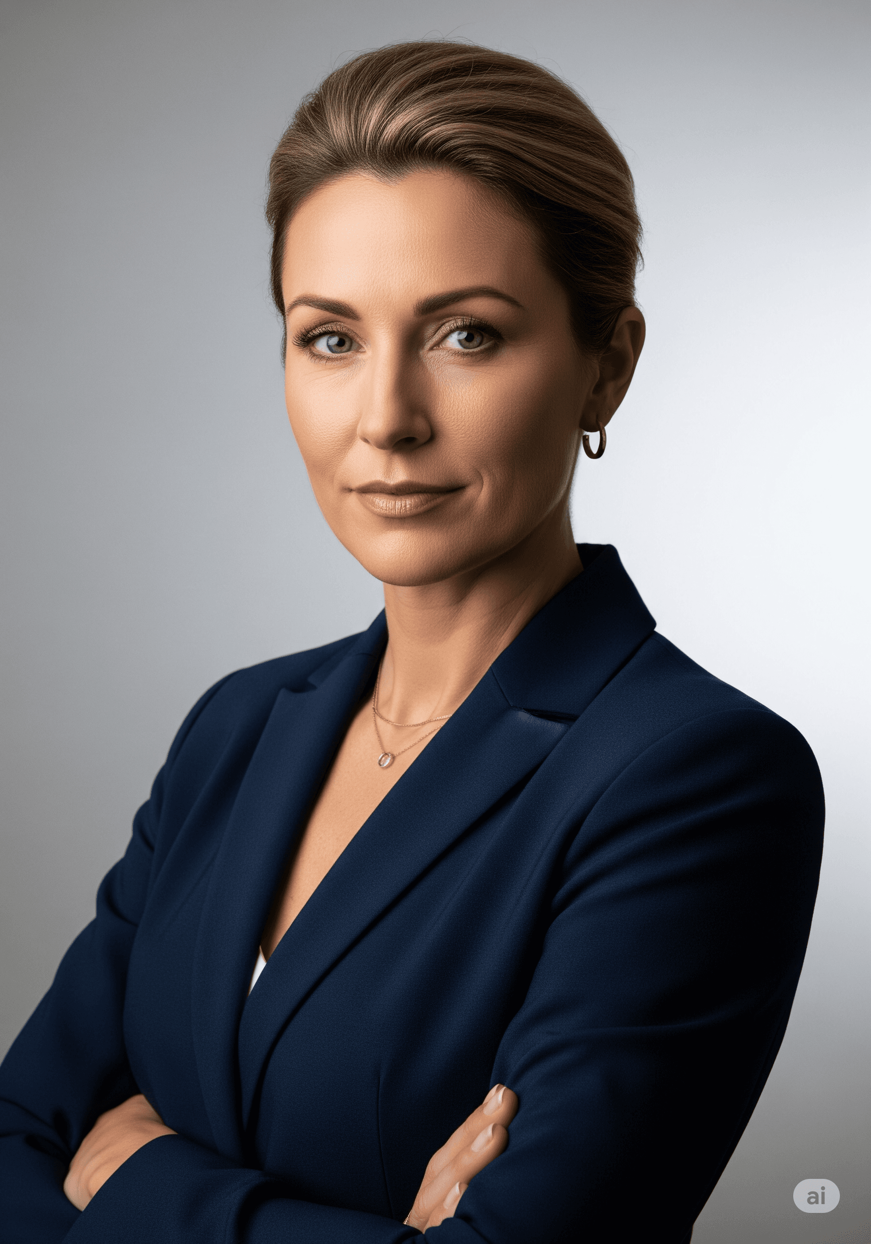 A headshot of a professional woman demonstrating how to look confident in photos with strong posture and a self-assured expression.