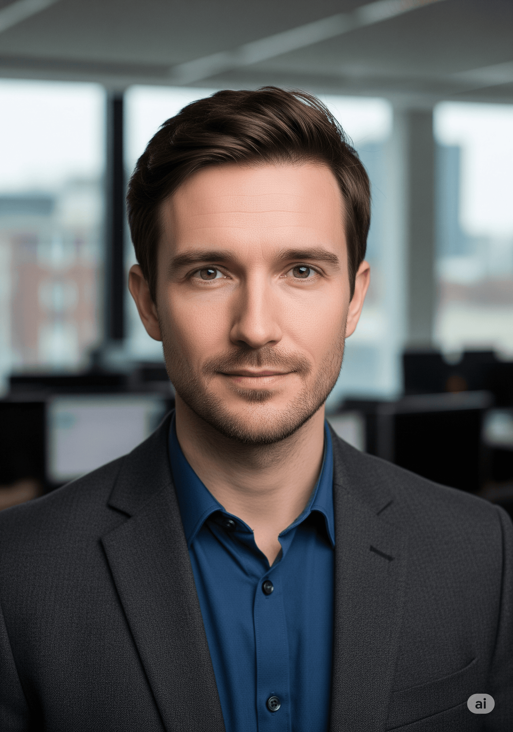 An example of a professional and credible AI headshot for a UK-based Journalist.