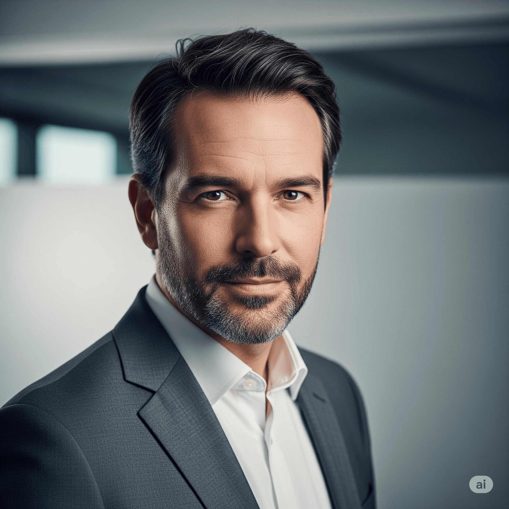 An example of an authoritative AI headshot for a UK-based lawyer.