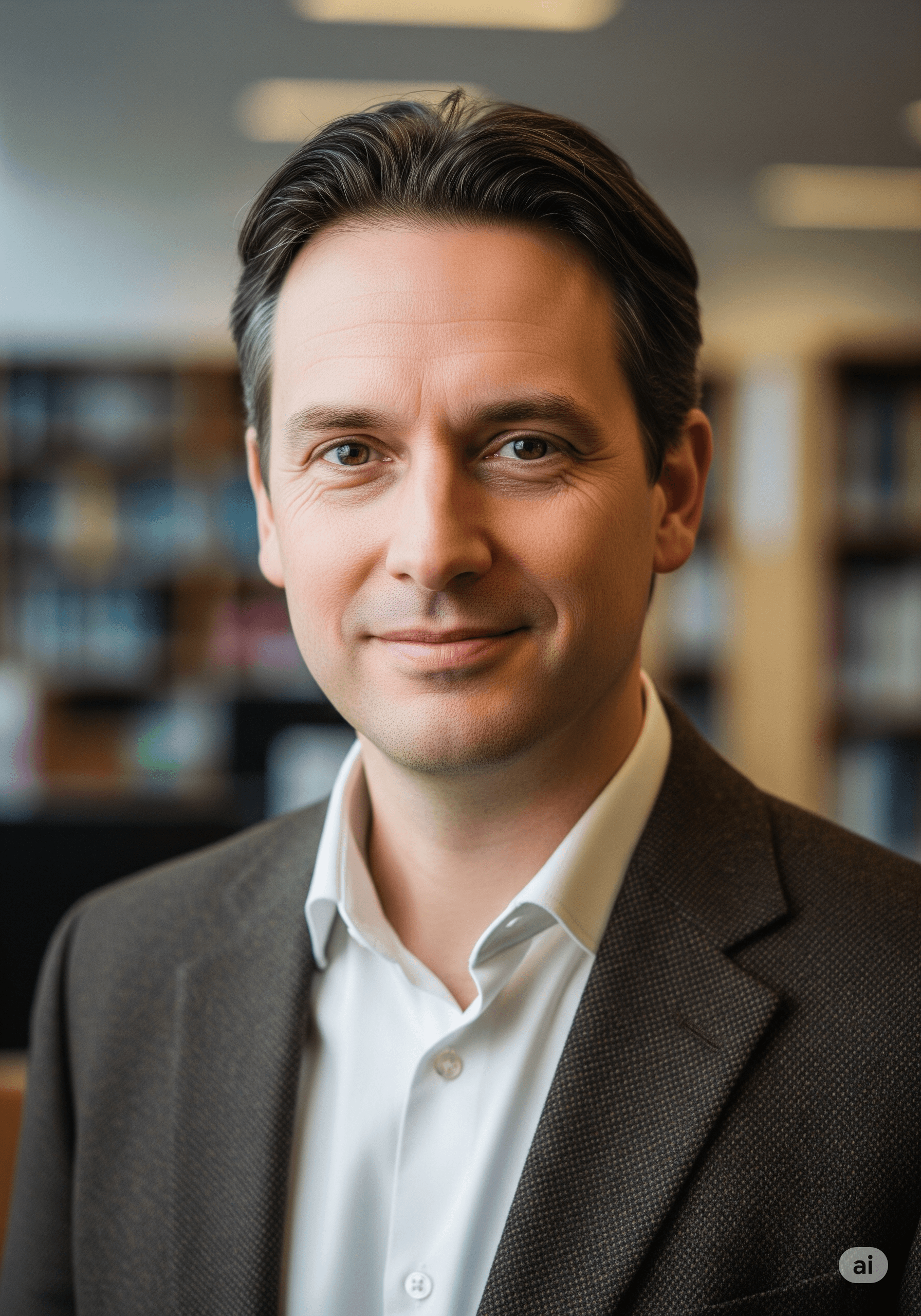 An example of a professional and knowledgeable AI headshot for a UK-based University Lecturer.